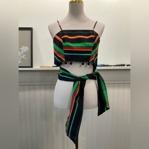 Farm Rio Striped Wrap Crop Top NWT Tassel Trim Embellished Tie Back S/M